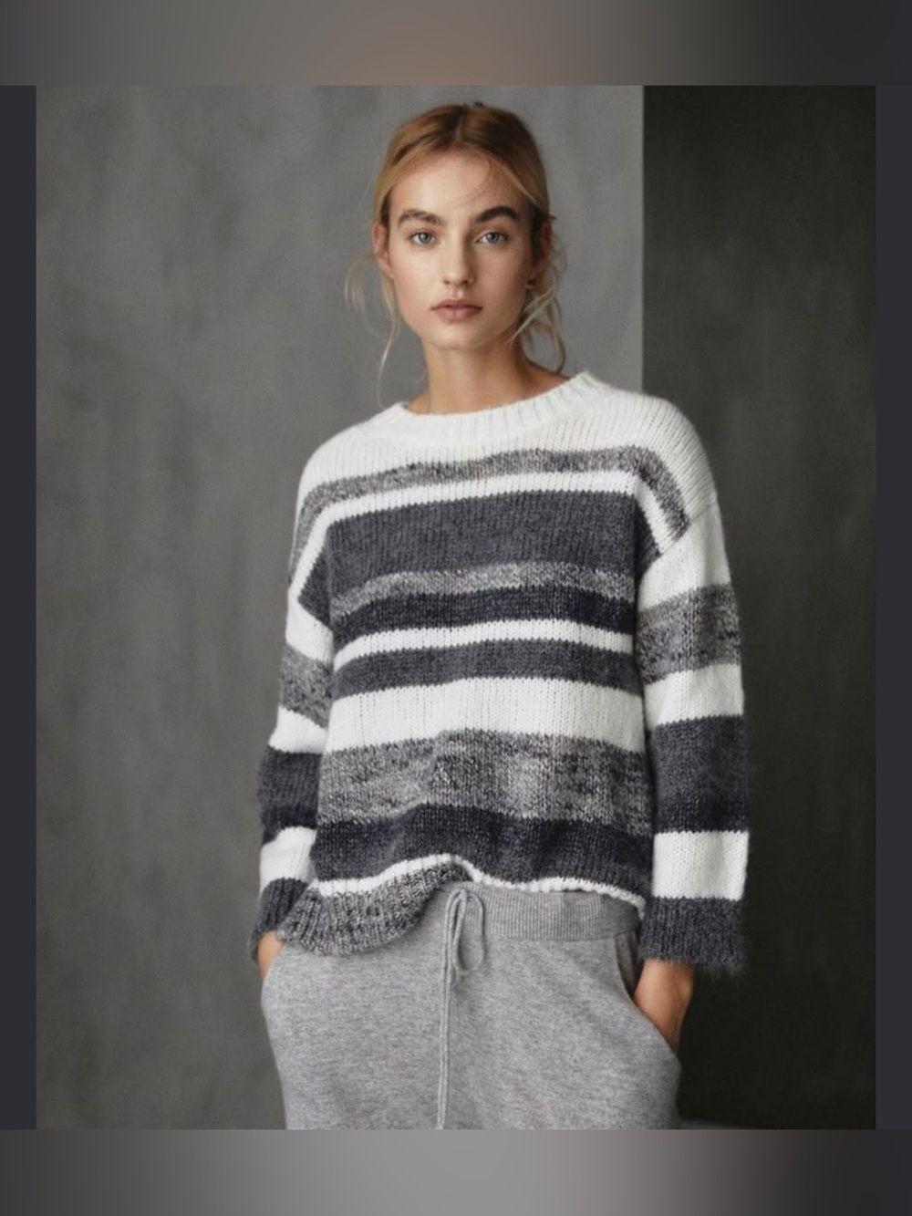 Massimo Dutti Women’s Crewneck Sweater in White and Gray Stripes